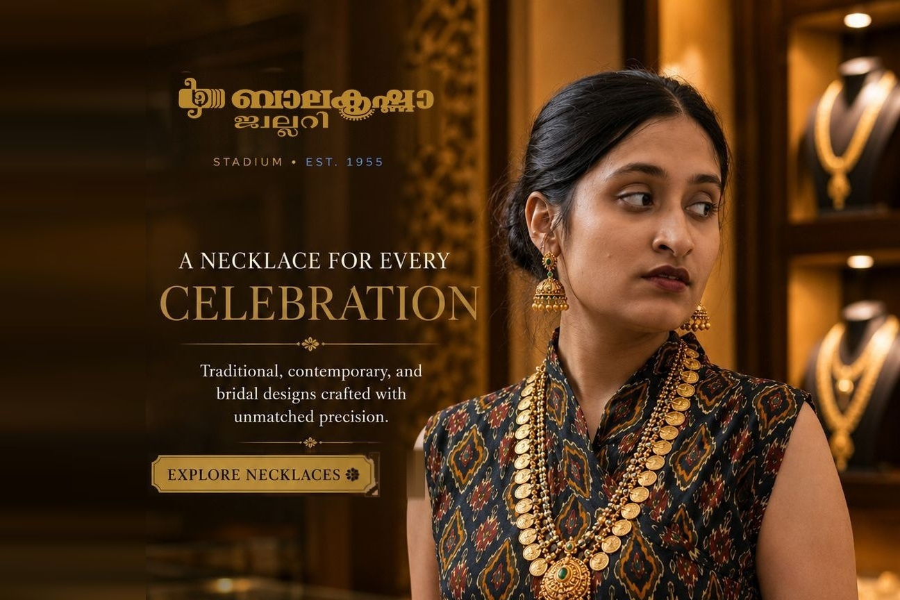 A necklace for every celebration — traditional, contemporary and bridal designs at Balakrishna Jewellery, Stadium, Palakkad. Explore the necklaces.