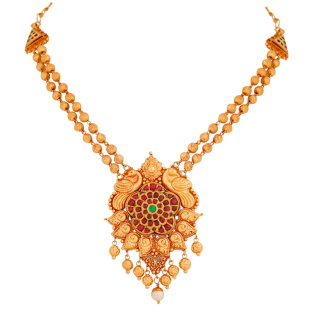 A poothali — the flower-pendant temple necklace, kemp-set with peacocks