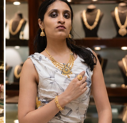 A bridal necklace and stone ring, styled at the showroom