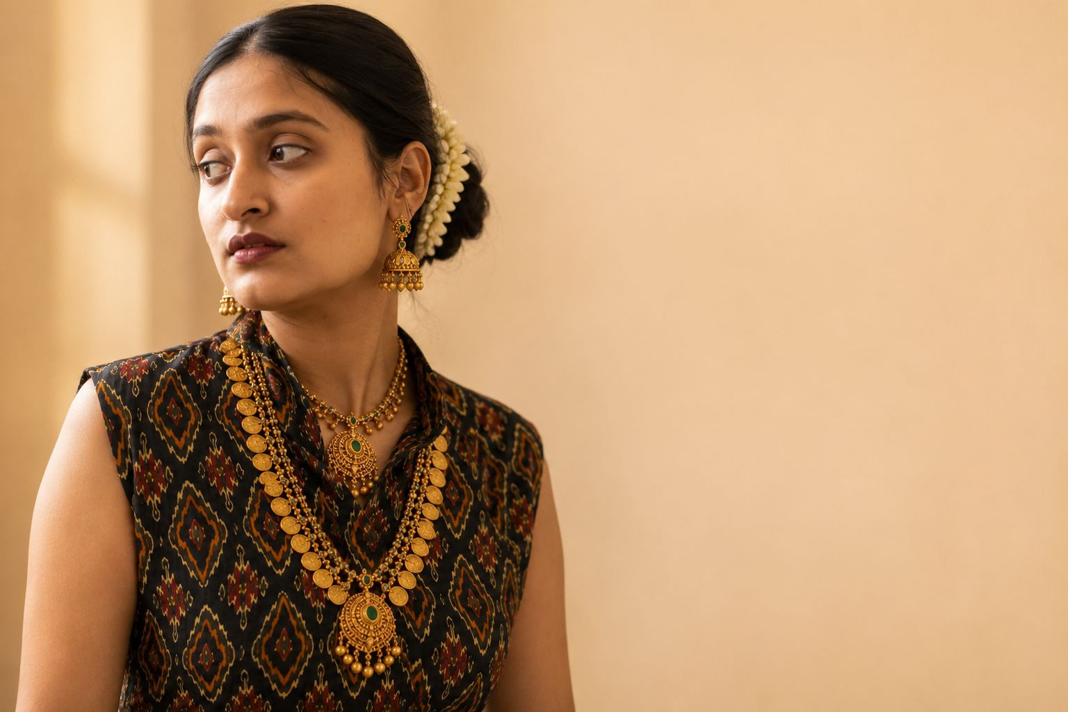 Kerala gold worn at the Stadium showroom — a temple jhimki, a kemp choker and a layered kasumala, with jasmine in the hair