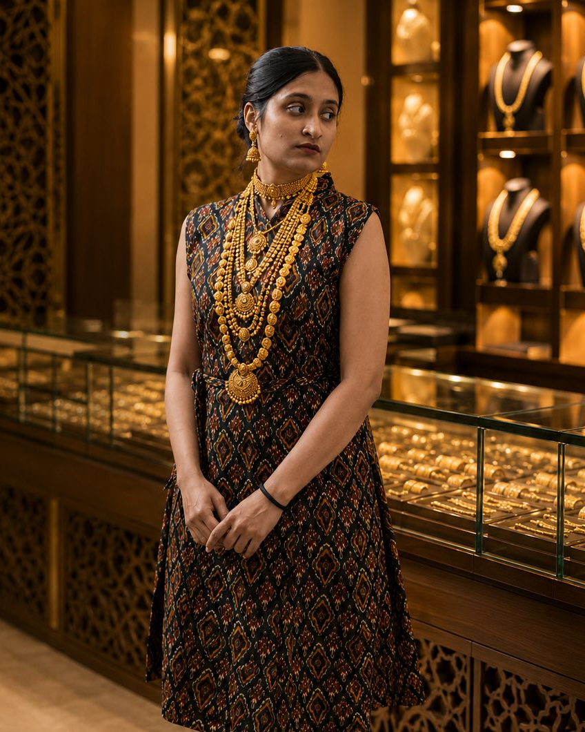 A layered kasumala, choker and temple jhimki worn at the Balakrishna · Stadium counters