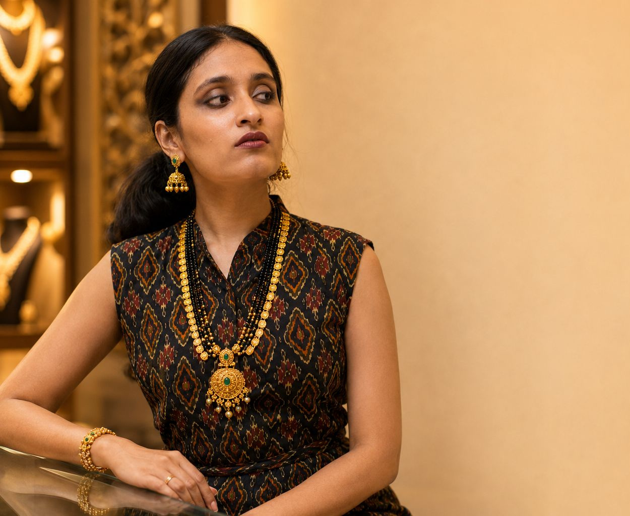A long kasumala, temple jhimki and stone bangles worn at the Balakrishna · Stadium showroom