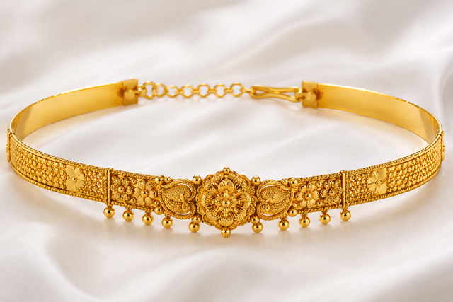 An illustration of an oddyanam — the gold waist belt worn by a Kerala bride