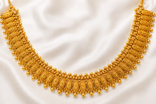An illustration of a palakka mala — the seed-shaped gold links with bead drops